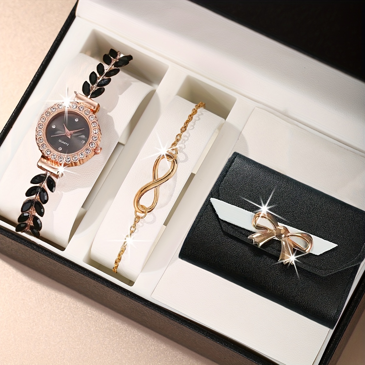 3Pcs Womens Elegant Quartz Watch Alloy Case
