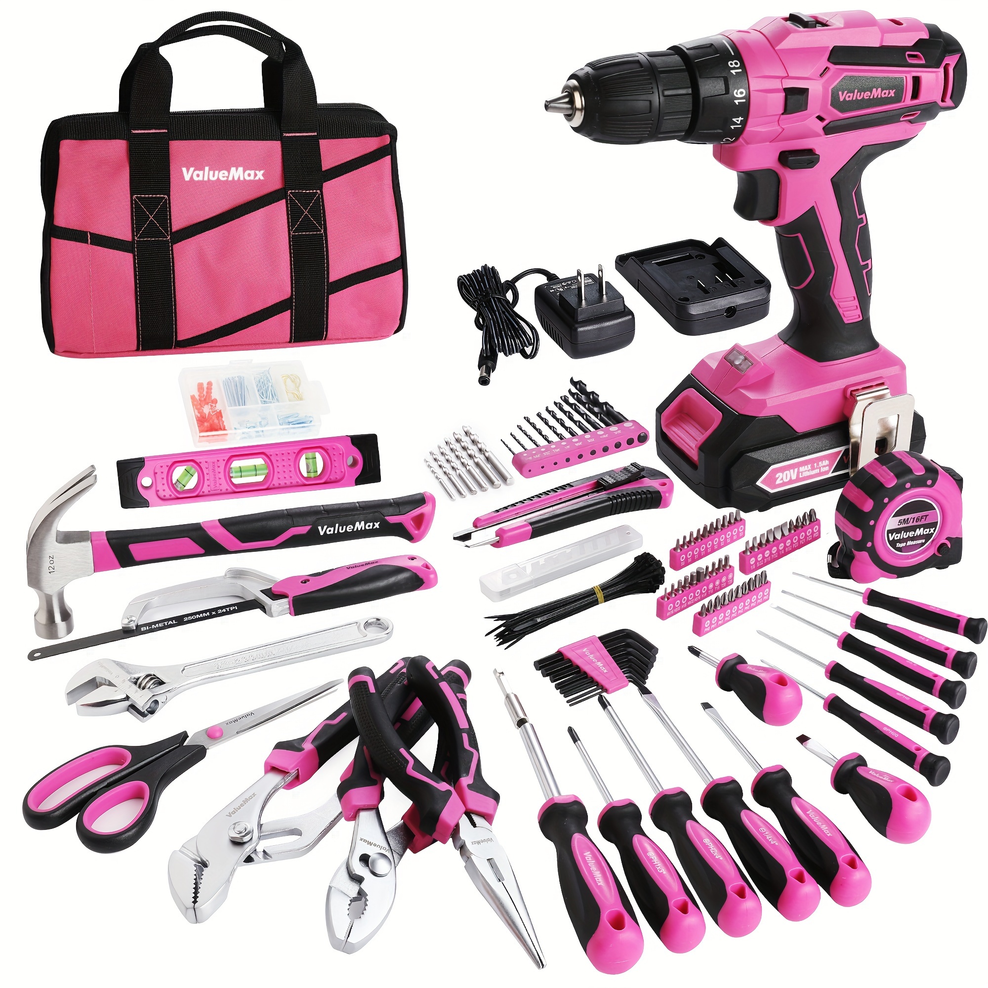 

Valuemax Home Tool Kit With Drill, 238-pieces Pink Tool Set With 20v Cordless Lithium-ion Drill, Power Tool Set With Wide Mouth Open Storage Bag, Basic Drill Sets Combo Kit For Diy And