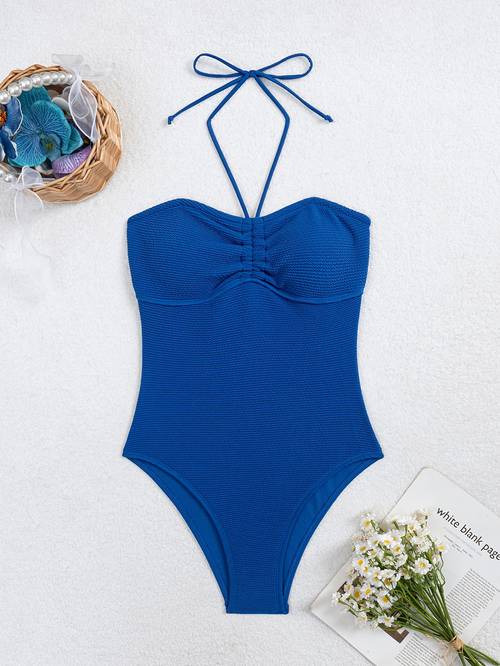 photo de l'article maillot de bain tendance pour femme 1 pièce, tissu froissé spécial, style noué la nuque, design froncé avec central à lavant + bonnets amovibles et matelassés