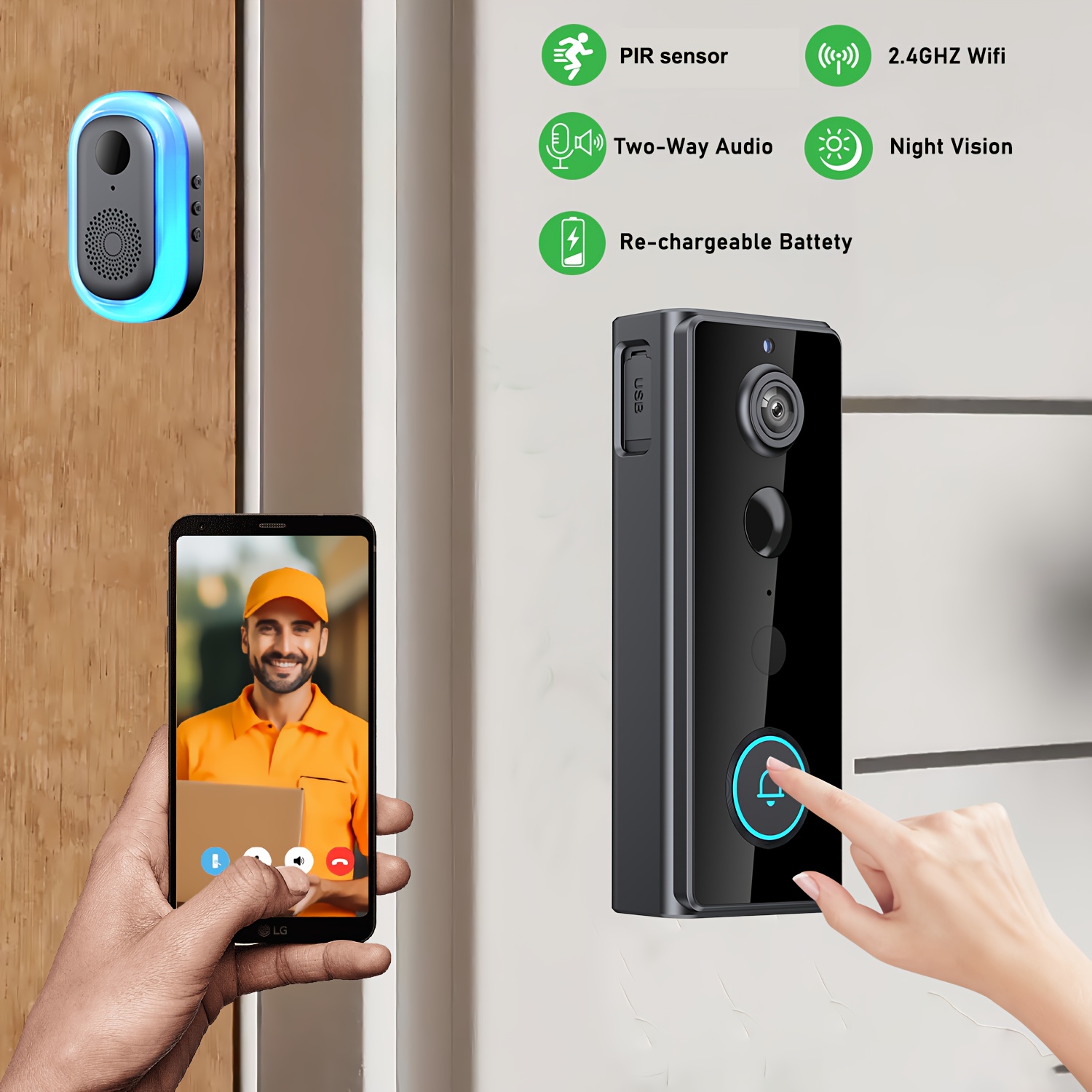 compact size 2 way talk hd night   pir motion sensor instant mobile alerts long   wireless video doorbell battery powered security camera remote control smart   wireless doorbell modern smartphone usb rechargeable details 3