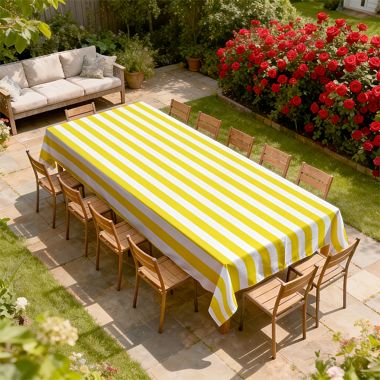 TEMU 2d Flat Tablecloth, 1pc, Yellow And White Striped Pattern, Durable Polyester Fabric, Suitable For Indoor/outdoor Daily And Holiday Party Decor,