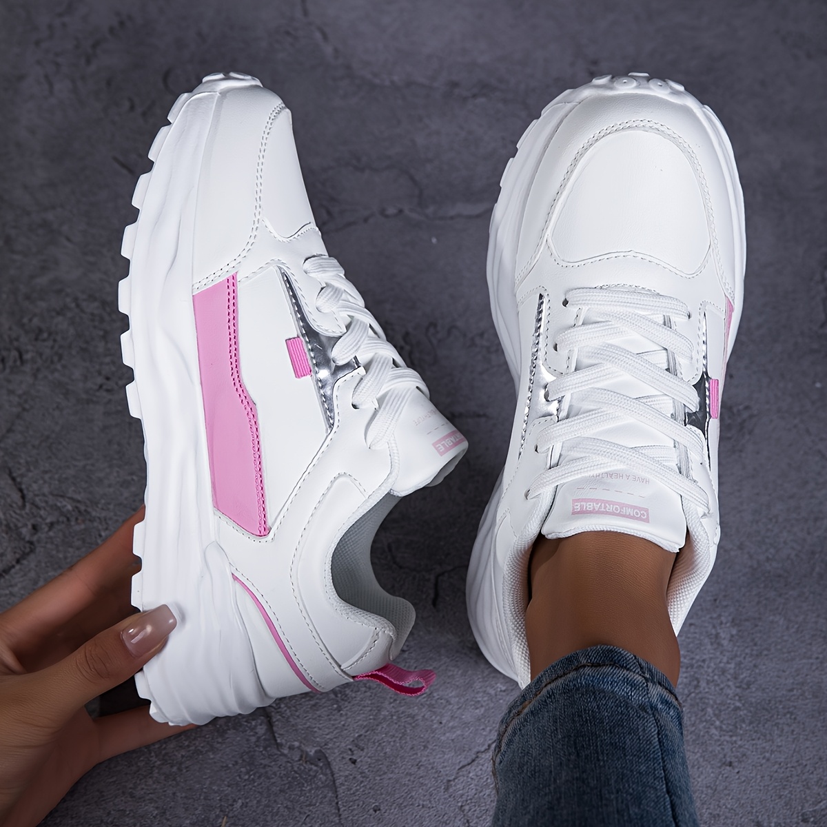 TEMU Pastel White Sneakers With Cushioning Sole, Comfortable And Non-irritating, Versatile Commuter Sneakers For Students, Anti-slip And