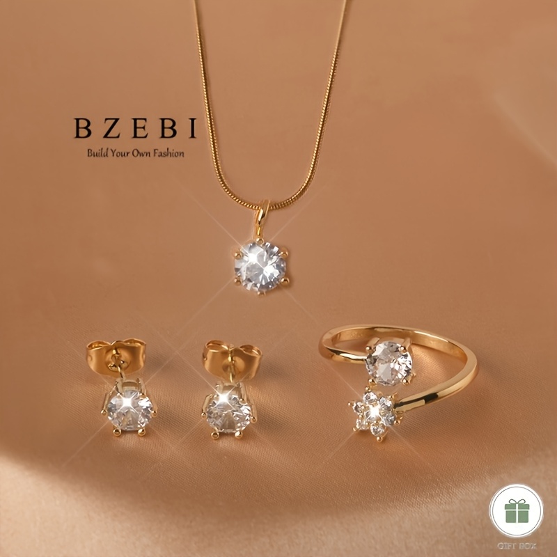 TEMU 1pc Necklace 1pc Ring 1 Pair Earrings Synthetic Cubic Zirconia Round Full Rhinestones Jewelry Set Necklace Ring Earrings Fashion Jewelry