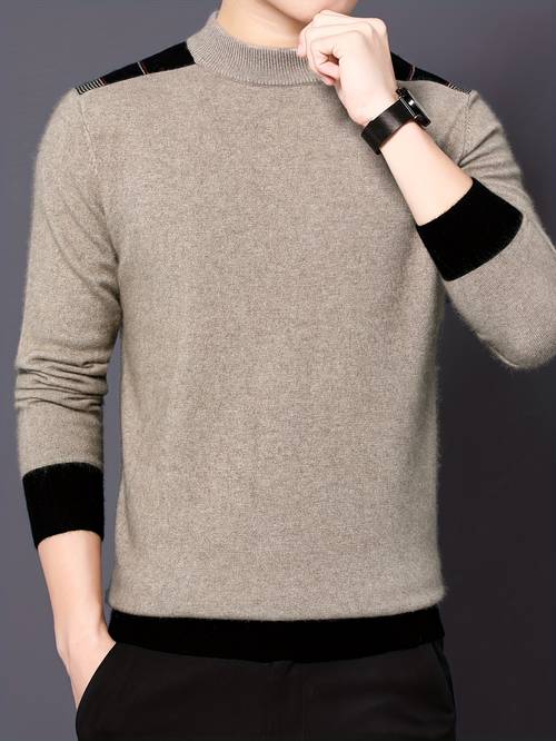 photo de l'article pull thermique à manches longues pour hommes avec accents antidérapants sur les épaules - col rond haute élasticité, vêtement décontracté de golf & extérieur, détails côtelés , dautomne hiver, idéal cadeau pour homme, pulls confortables pour lhiver