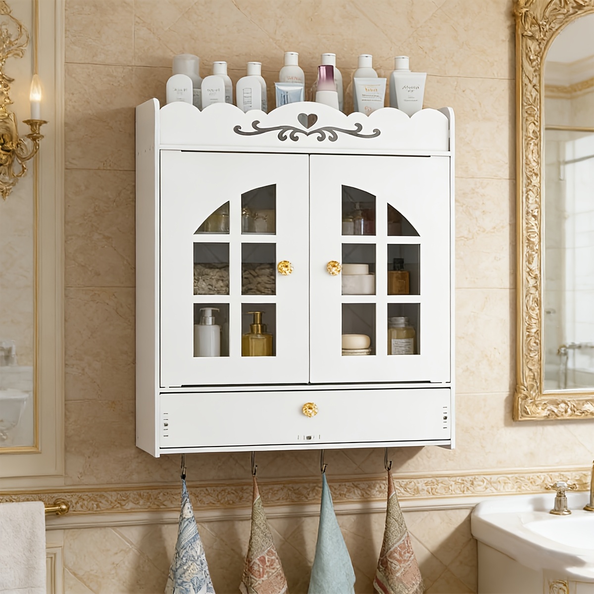 Französischer *-Wandbadezimmer-Schrank mit Schublade und * weißer Wand-Schrank mit Doppeltüren, Toilettenartikel-Aufbewahrungsbox über der Toilette, Handtücher, Vintage-Badezimmerdeko