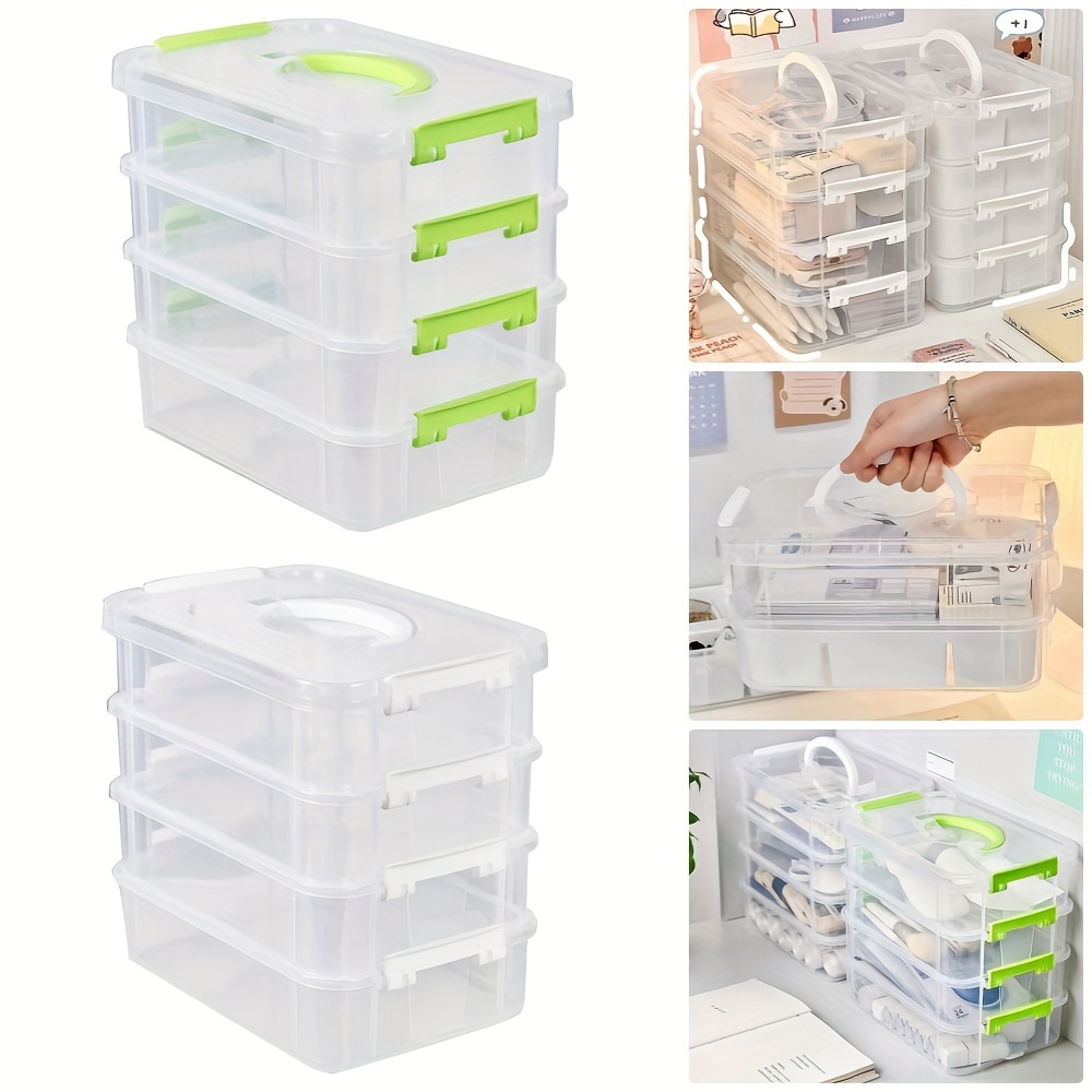 

4-tier Stackable Clear Plastic Organizer Box With Lid - Large Capacity, Portable Desk Storage For Home & Office - Perfect For Toys, Sundries & More