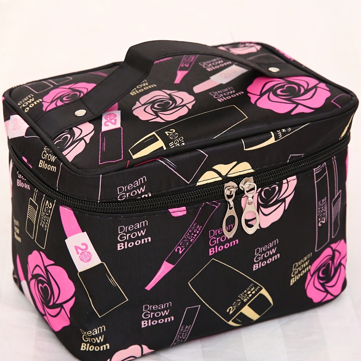 

1pc Y2k Aesthetic Cosmetic Bag With Letter & Floral Pattern, Large Capacity Makeup Organizer, Toiletry Case With Handle For Travel, Bathroom, College Dorm, Gift For Women And Men