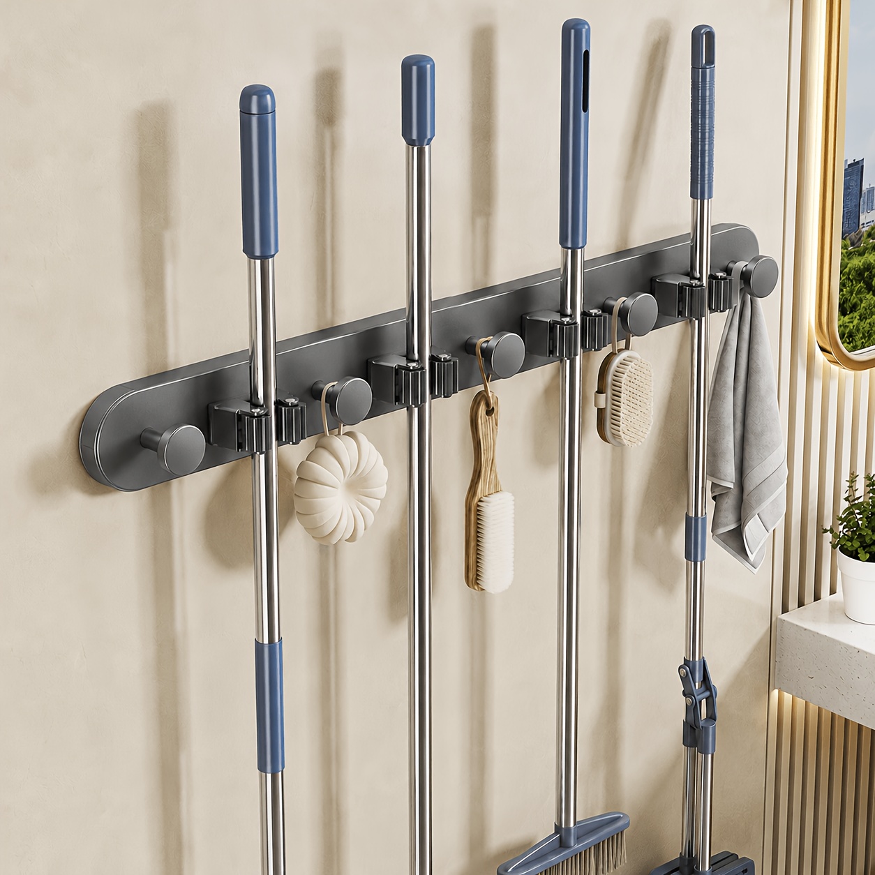 TEMU Wandgemonteerde Bezem- en Dweilhouder met Zuignappen, Verbeterde Verstelbare Bezemrek, Super Antislip Dweil- en Bezemhanger, Heavy-Duty
