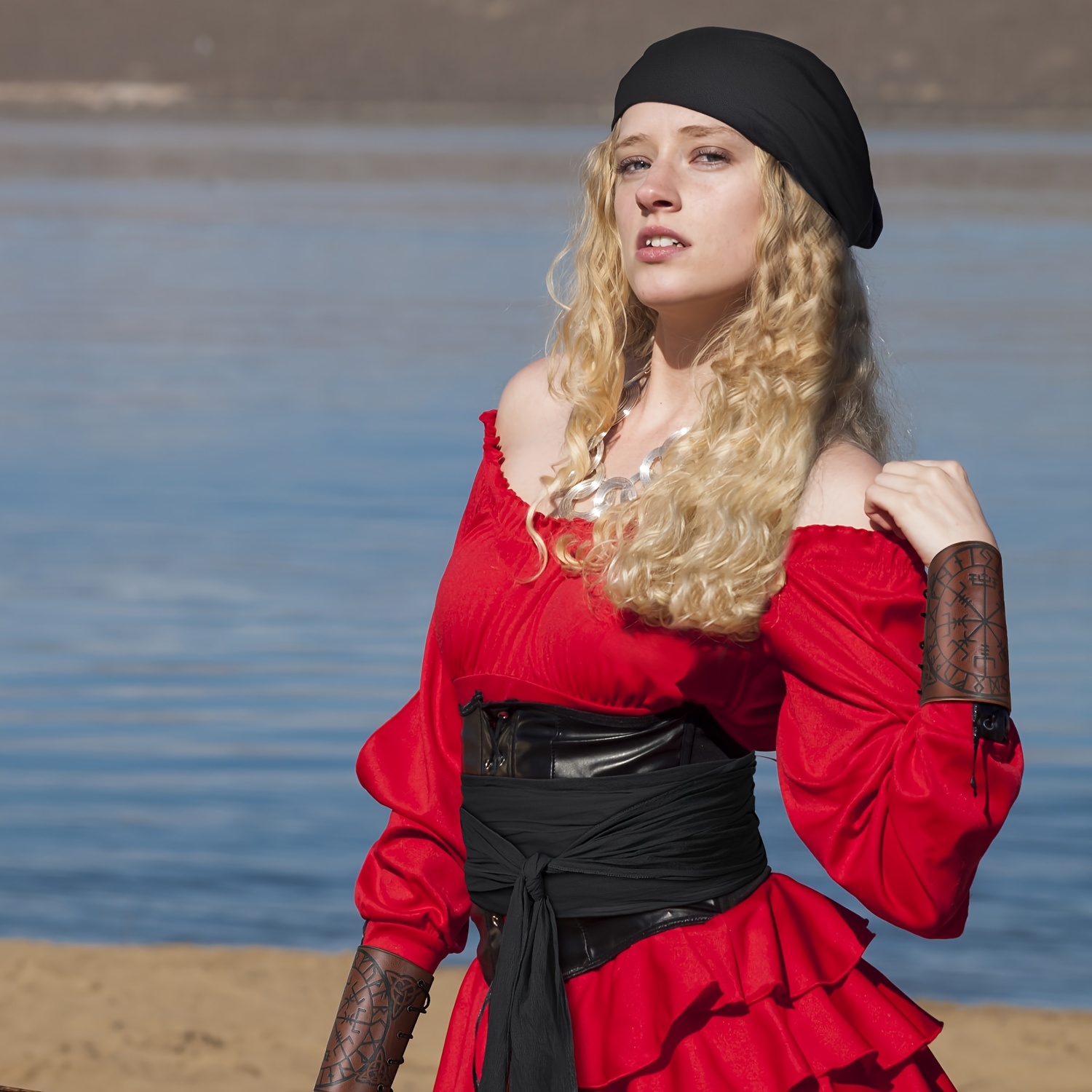 4pcs Pirate Costume Men Women Pirate Bandana Sash Belt Hat Accessories  Cosplay Masquerade (Large, Brown, Black)