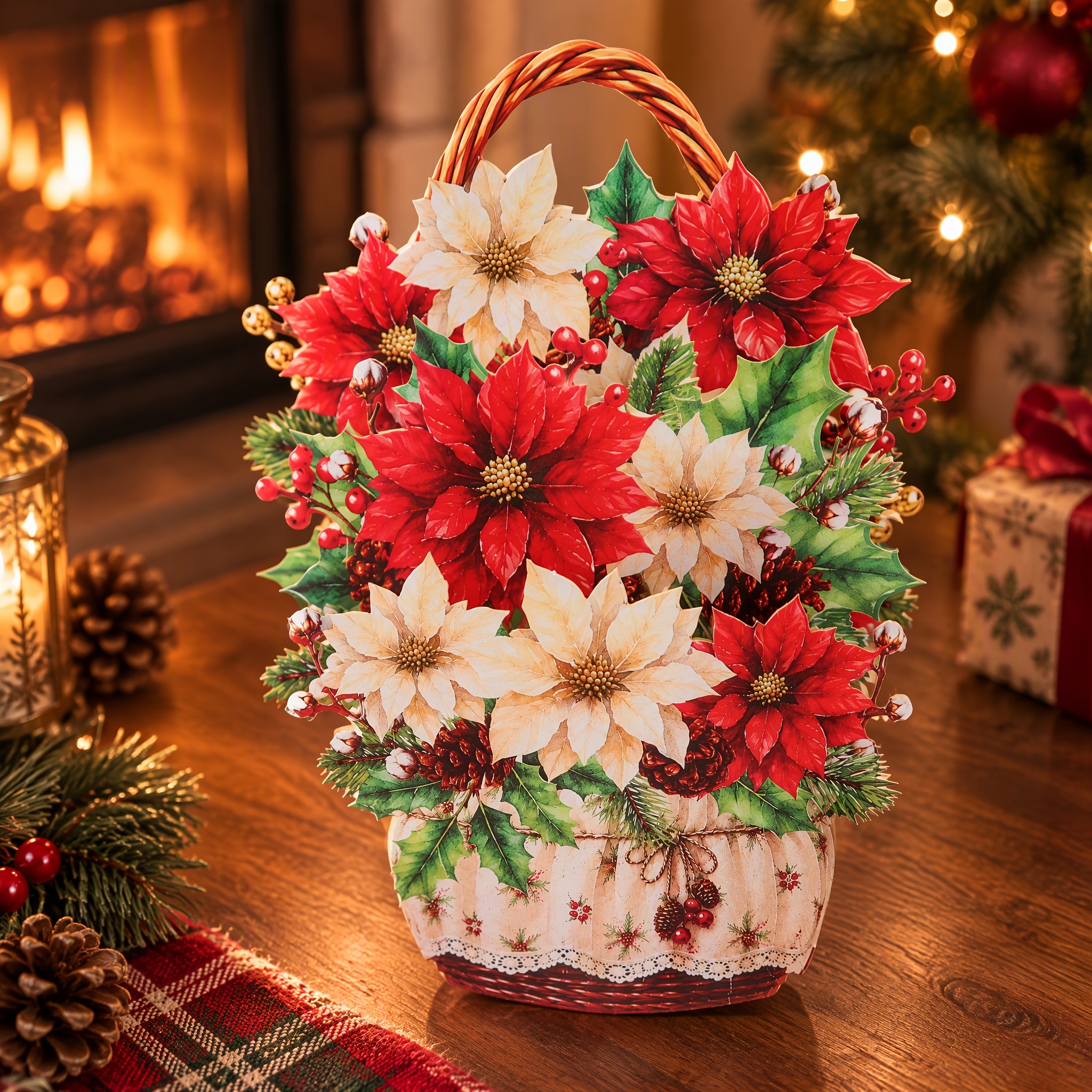 TEMU 1pc Rustic Christmas Flower Basket 3d Pop-up Greeting Card, Woven Rattan With Red And White Poinsettia, , Pine Cones, Pine Branches, And Lace