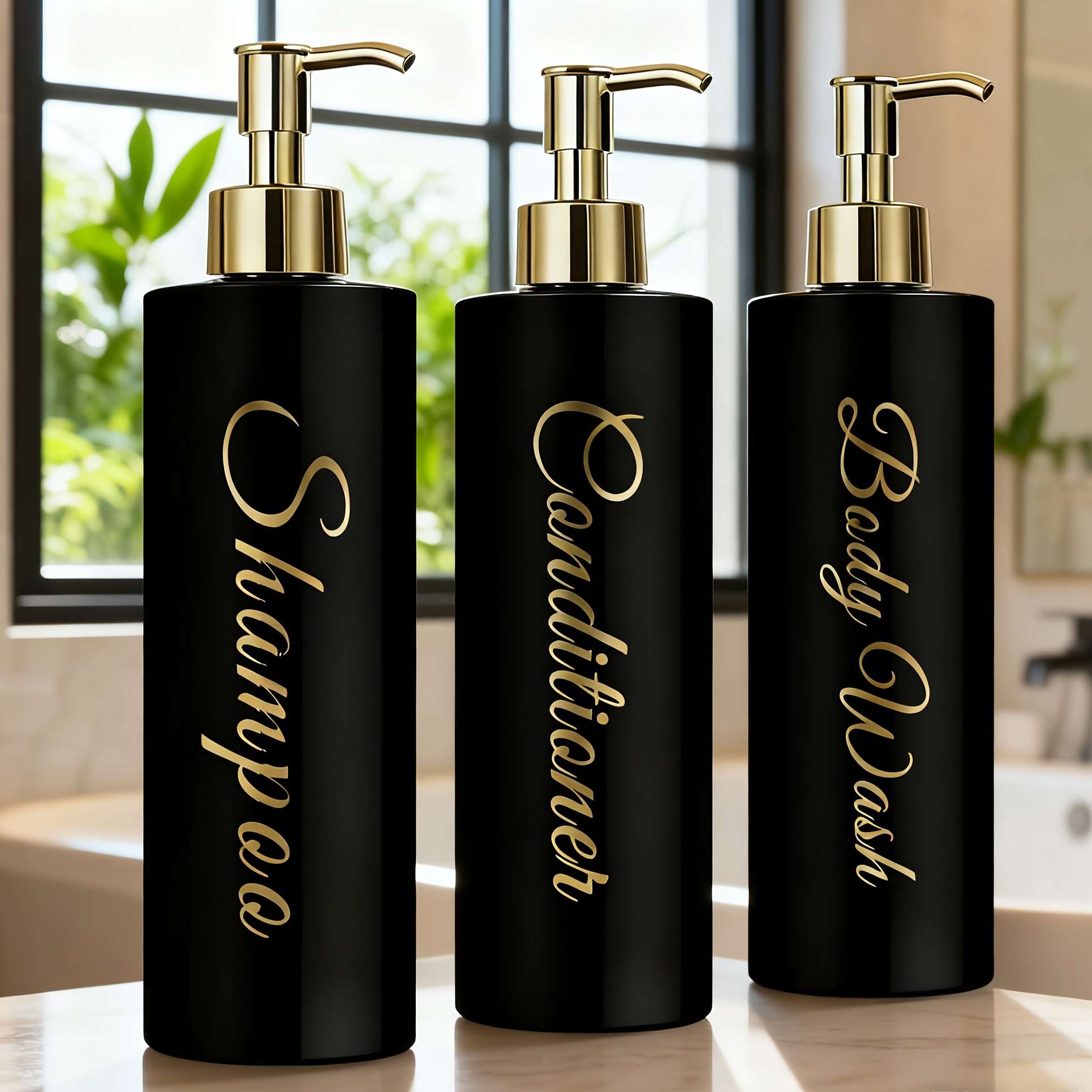Image of Bathroom Special Shampoo Conditioner Body Wash Dispenser 3pcs Set 16.9oz Black Empty Pump Bottles With Labels Reusable Dispensers