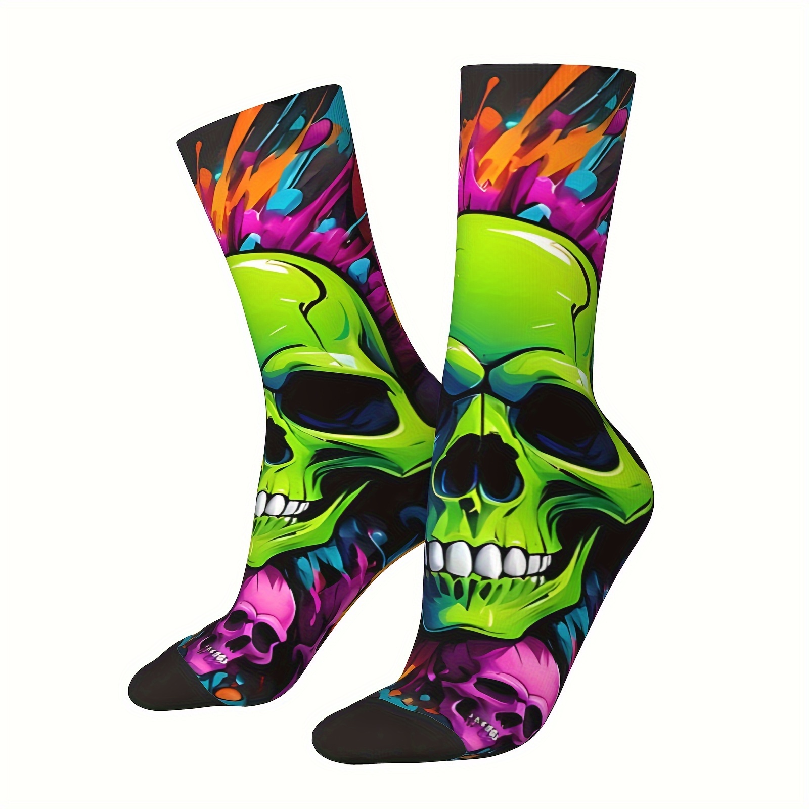 

A Pair Of Men's Trendy Skull Pattern Funny Novelty Crew Socks, Comfy Breathable Casual Soft & Socks, Ideal Gifts ,