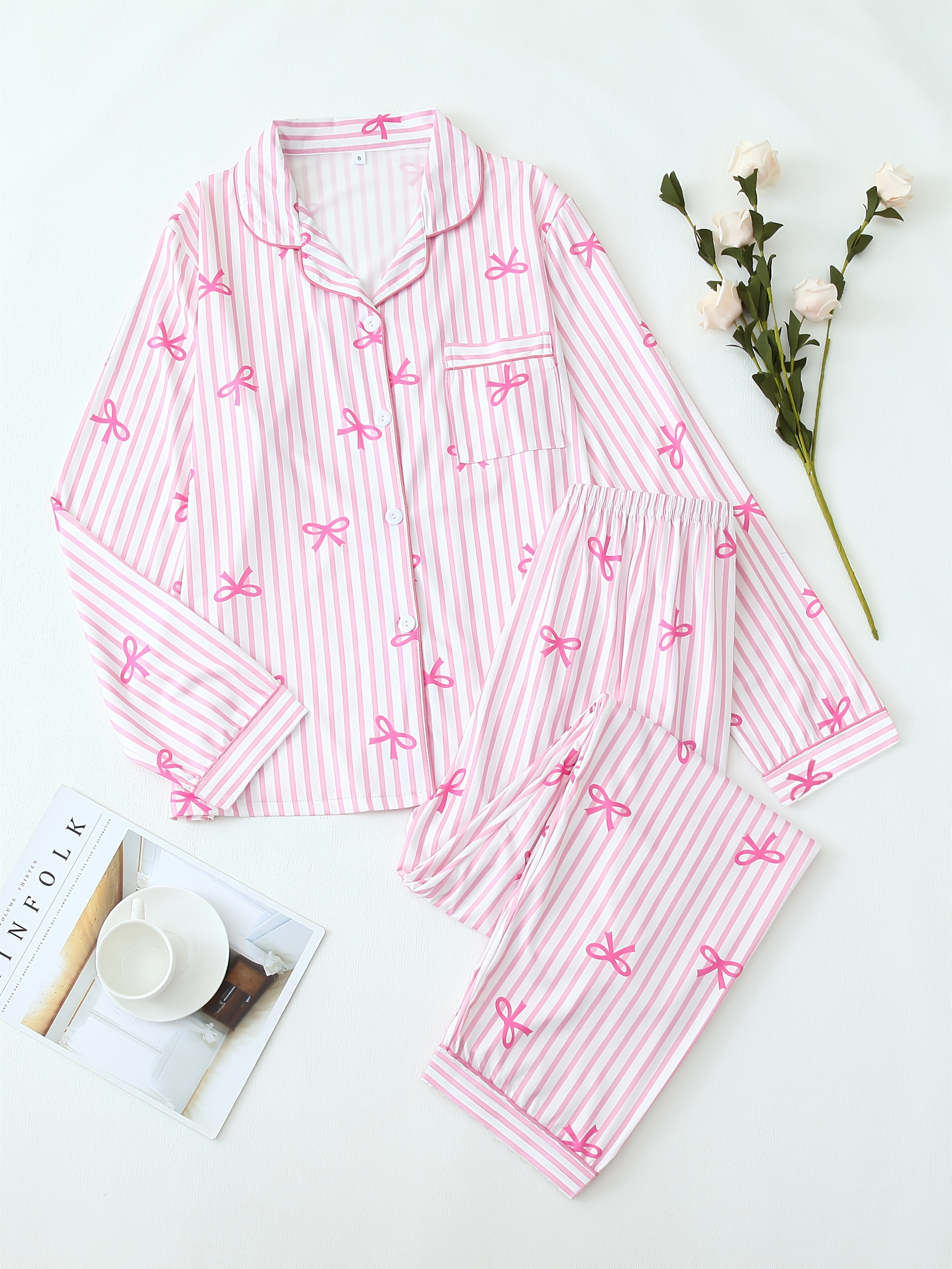 womens pajama set pink striped bow print turned collar comfortable long sleeve cardigan and elastic pants       cute clothes