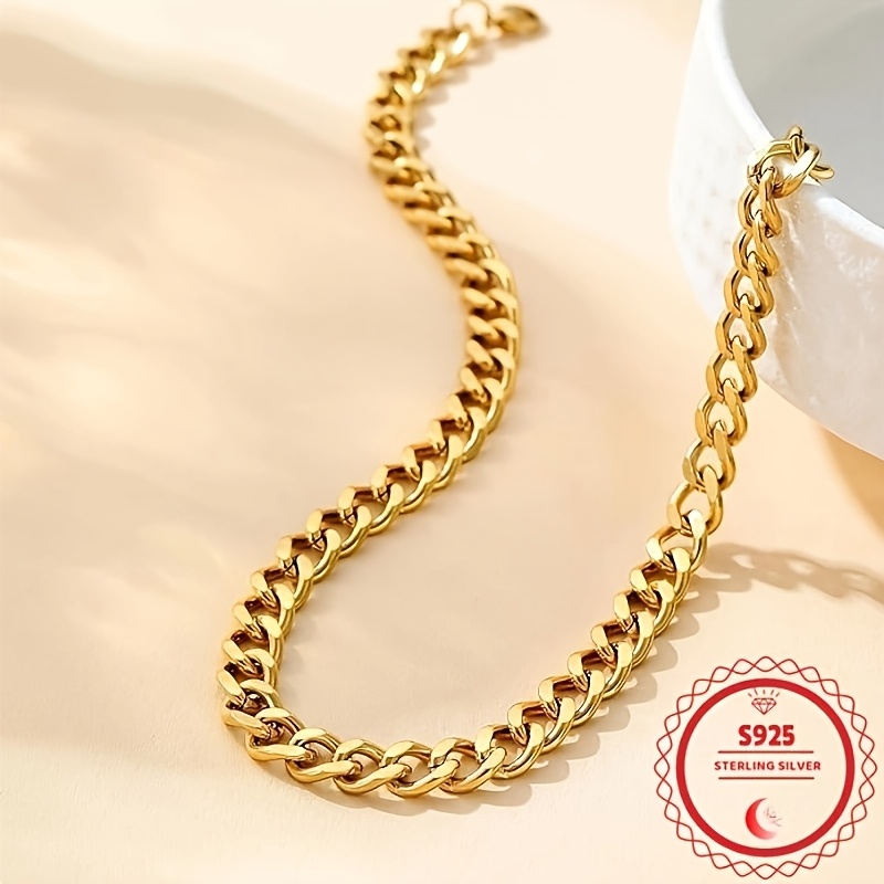 TEMU 24k Gold Plated Cuban Chain Necklace, 925 Sterling Silvery Necklace Suitable For Men And Women, Fashion Jewelry, Perfect Gift For