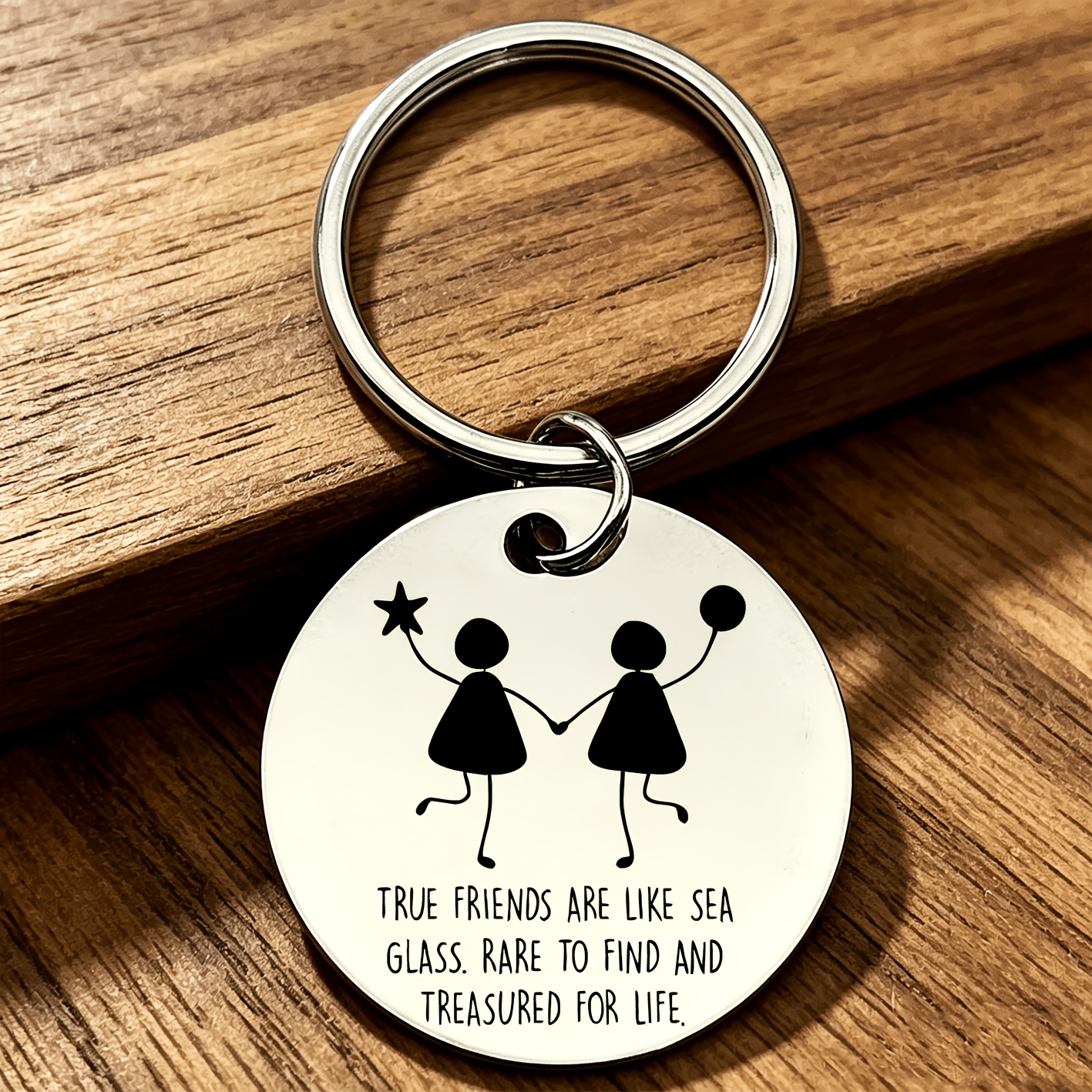 TEMU Porte-clés unisexe rond en acier inoxydable, anneau de clé avec silhouette de bonshommes gravée et d' pour meilleurs amis, pendentif métallique