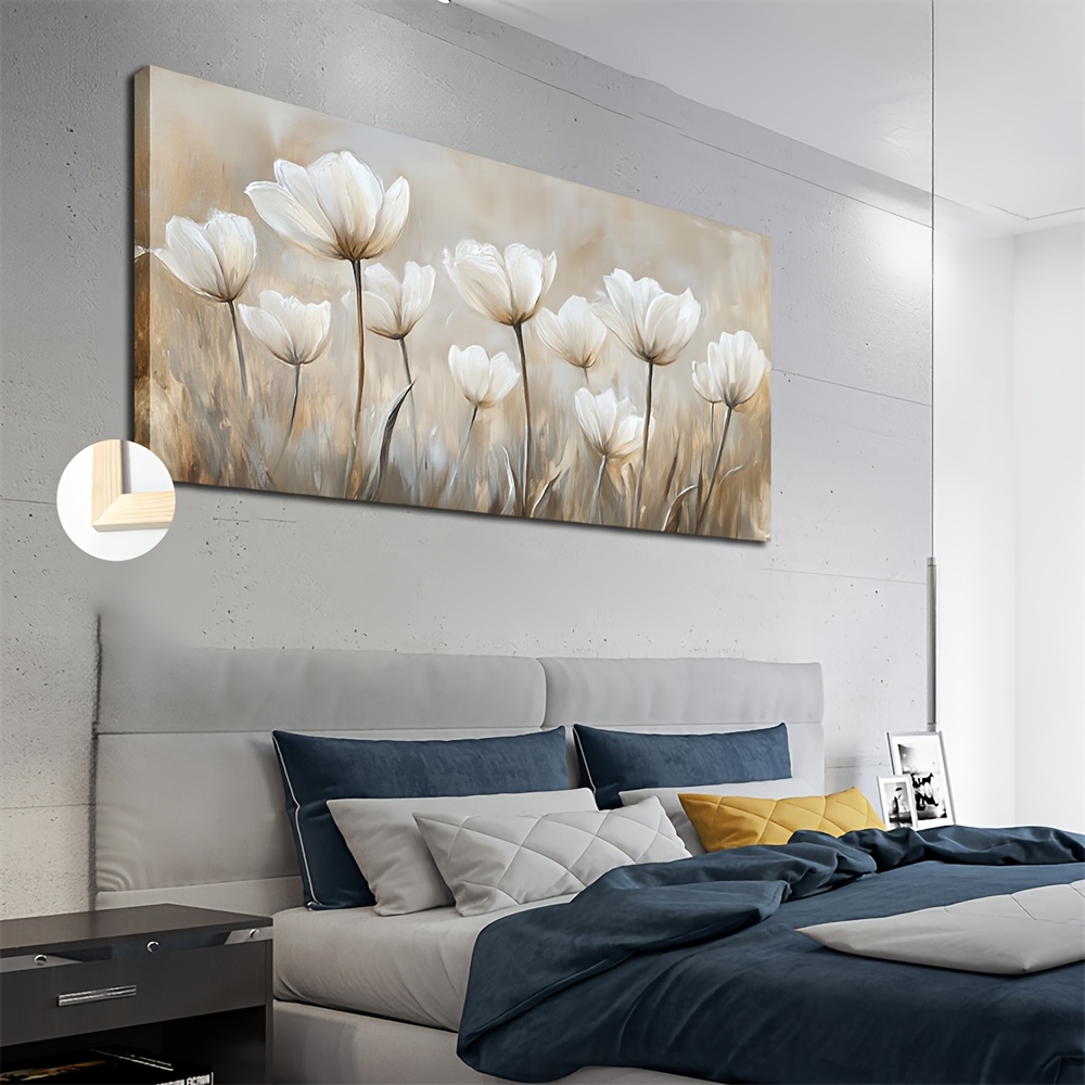 TEMU Large Size Framed Oil Painting Poster - 50x100cm (20x40 Inches) Minimalist Modern Art With Flower Stems, Horizontal Wall Decor For Living Room,
