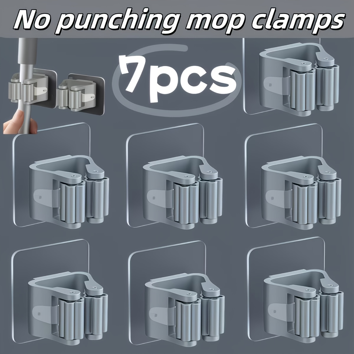 TEMU 7 ganchos para mopa, , , sin perforaciones, estante adhesivo fuerte, montaje en pared, escoba de baño, clip para mopa, clip, almacenamiento,