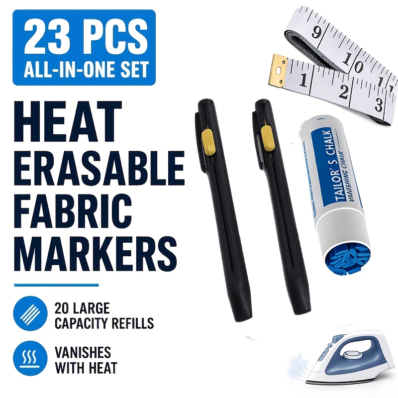TEMU 23pcs Heat Erasable Sewing Pens, Fabric Tailor Pens With Chalk 5m Soft Tape Measure, /purple Refills With Storage Case, Erasable Fabric Markers