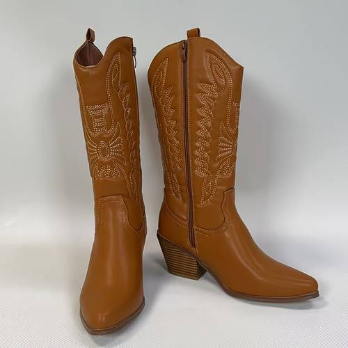 womens embroidered printed high boots thick heels side zipper elegant and fashionable
