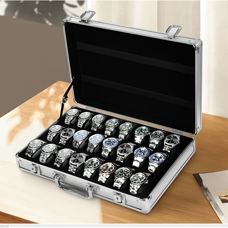 24 compartment lockable aluminum watch storage box portable display case with velvet lined compartments durable metal soft fabric interior for watches jewelry collectors holiday birthday gift watch storage box secure   closure
