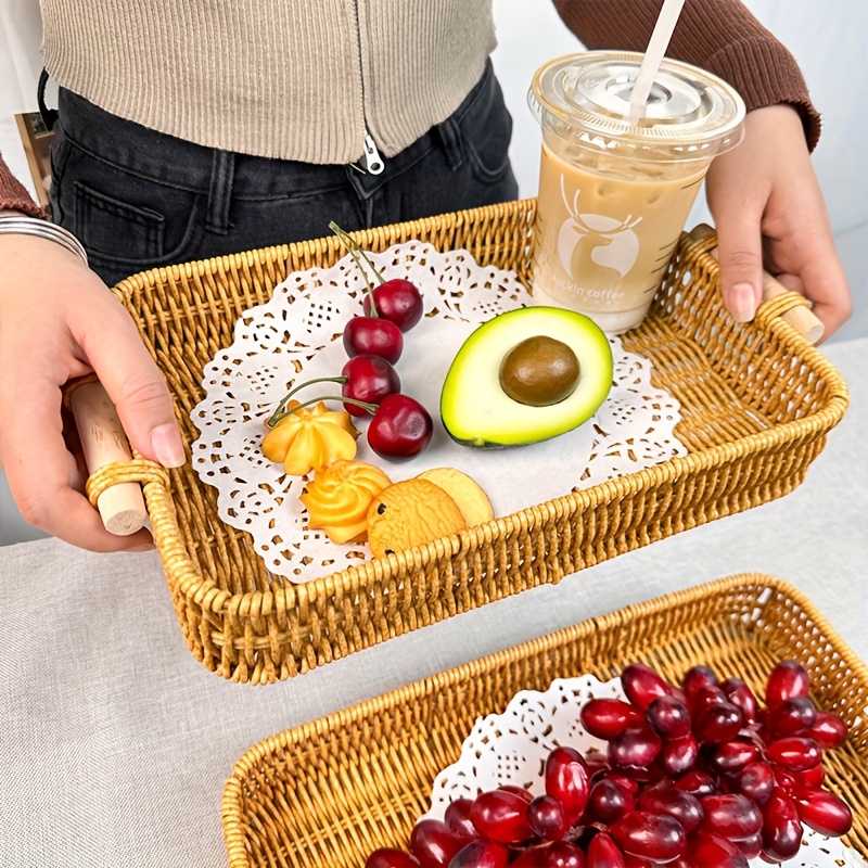 

1pc Rustic Rectangular Rattan-style Plastic Woven Serving Trays For Tea, Snacks, And Dessert | Vintage Farmhouse Decorative Fruit And Candy Trays | Durable Tabletop Organizers With Handles