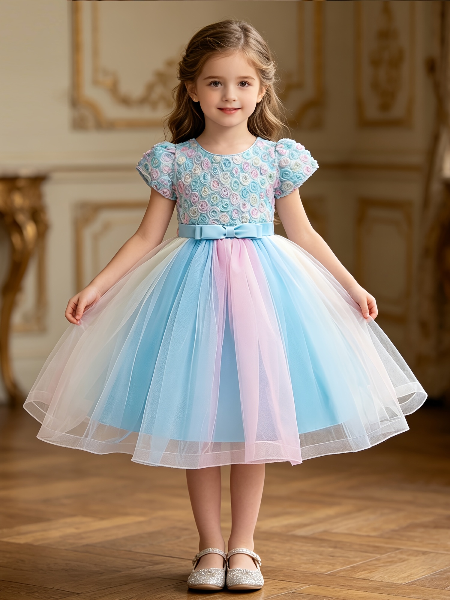 dusty pink flower girl dress with floral puff sleeves sequin embellished  bodice bow belt and tiered tulle skirt with floral ruffles for wedding  pageant party | Shop Now For Limited-time Deals |