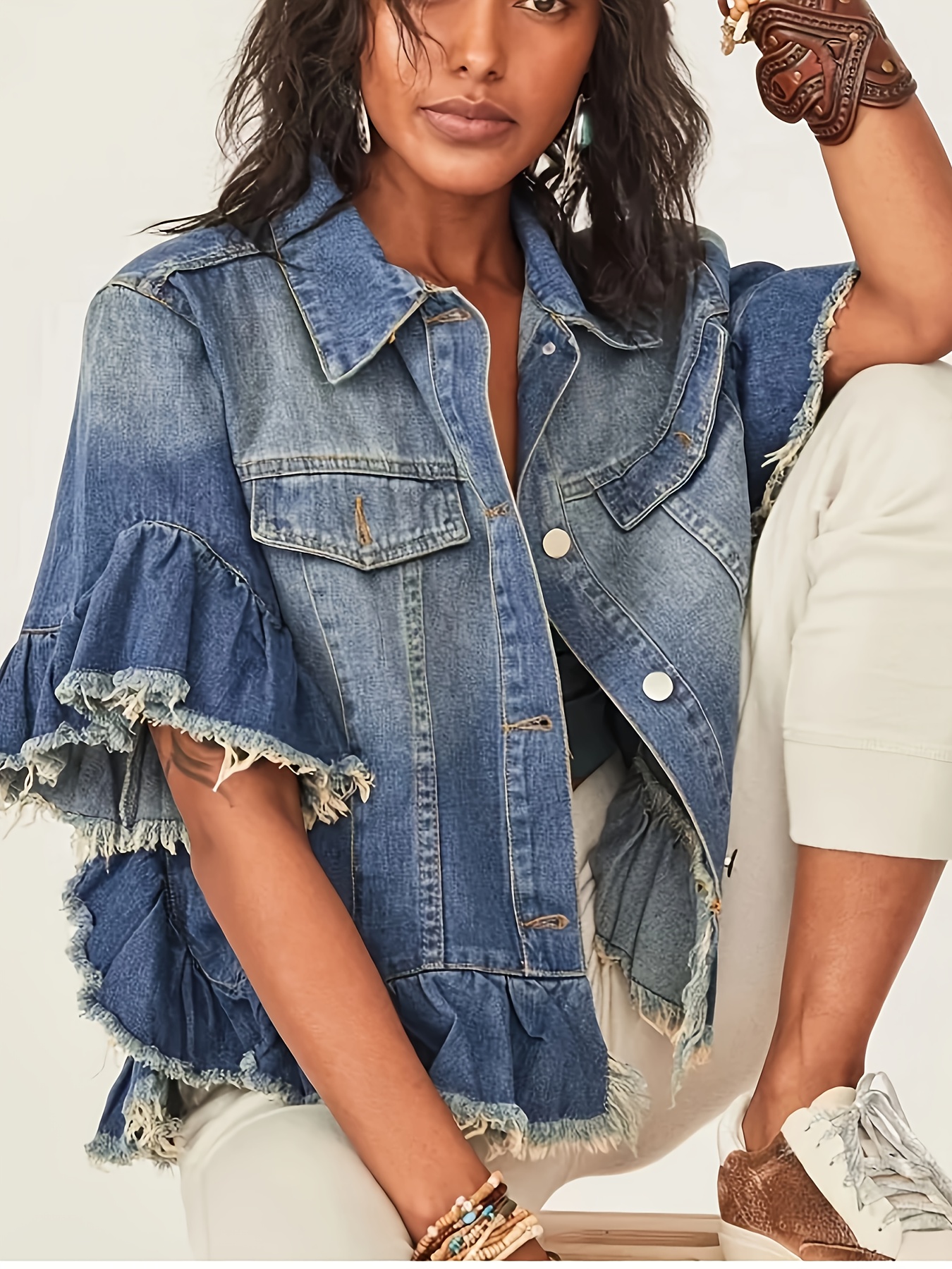 puff sleeve denim jacket sold on Temu United States