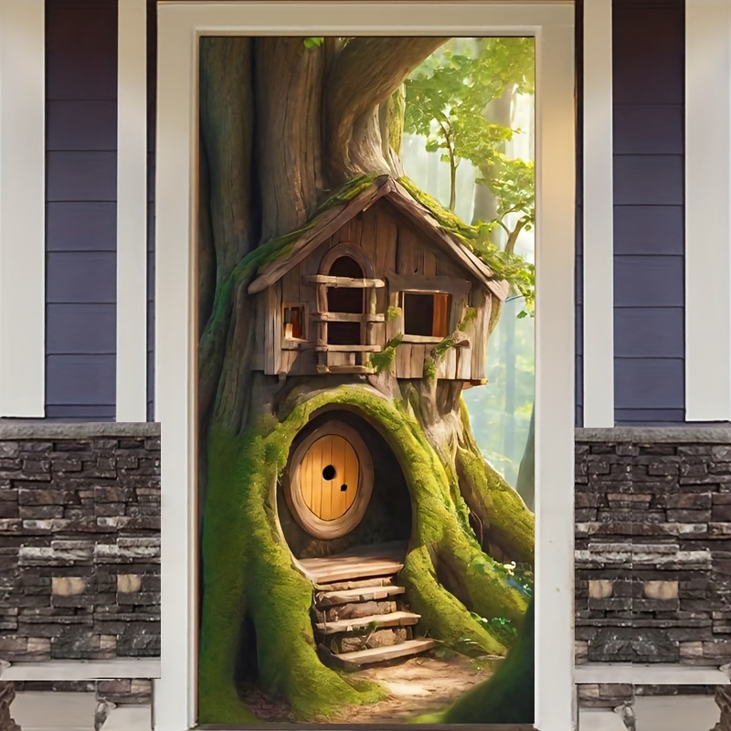 

1pc, Spring Fairy Tale Door Cover Mural Decoration, Polyester Wooden House Pattern Porch Sign Background - Holiday Party Front Door Hanging Indoor Outdoor Banner Home Decoration - 70x35-inch