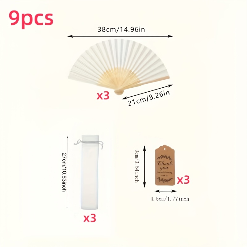Image of 9pcs Blank Folding Hand Fan Set With Bags And Thank You Tags – Wedding Party Favors, Bridal Shower Guest Gifts, Summer Decorations [3 White Fans + 3 Mesh Bags + 3 Matching Cards]