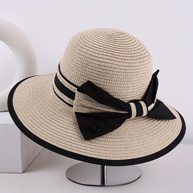 TEMU 2026 Collection Bow Wide Brim Sun Hat Striped Fashion Women's Hat Summer Beach Vacation Hat