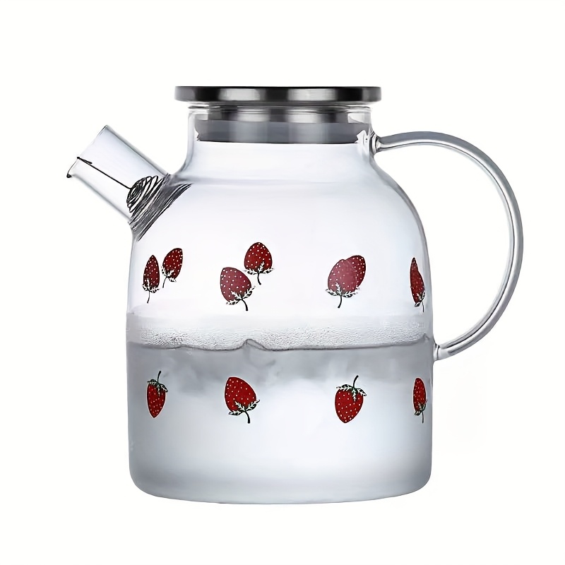 Image of 1pc Strawberry Pattern Glass Teapot With Removable Filter Spout, 1800ml Heat-resistant Maker For Loose Leaf, Stovetop Safe With Stainless Steel Strainer, Perfect For Home Tea Brewing And Serving
