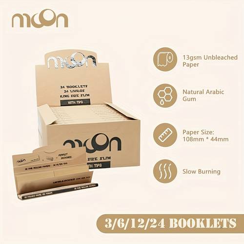 3/6/12/24 Booklets, Moon King Size Slim Rolling Paper Unbleached Paper with Tips, Smooth Burning, Household Gadget, Christmas Gifts, Christmas Supplies, Christmas Party Supplies