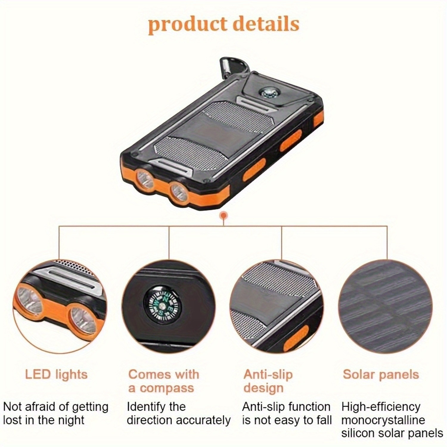 20000mah usb portable charger solar power bank, camping external backup battery dual 5v usb ports output, for cell phones, mobile devices, travel backup battery, built-in dual   flashlights,   for festival Product details 2