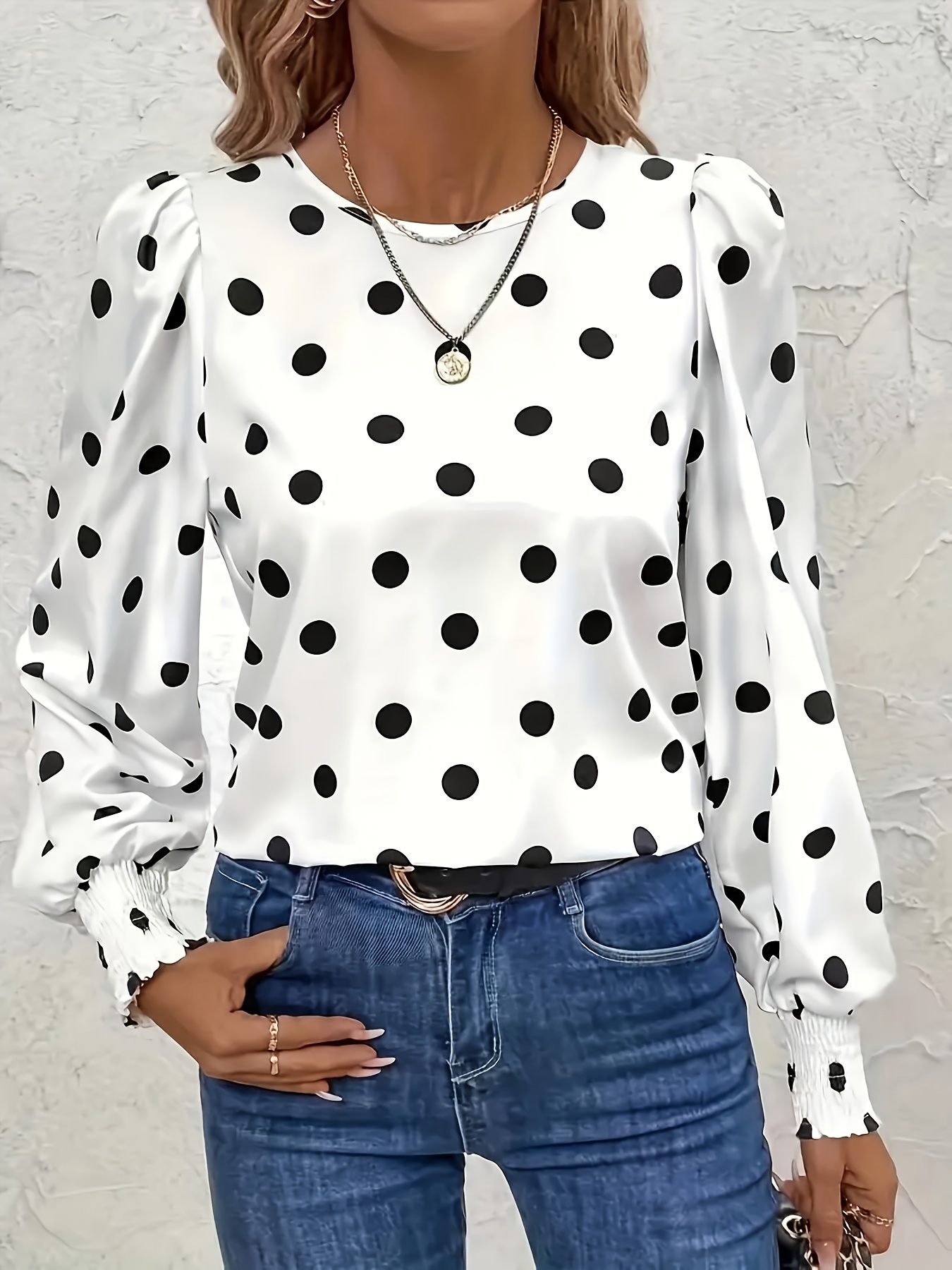 Plus Size Women's Elegant Polka Dot Long Sleeve Blouse Black White  Round Neck Shirt with Smocked Cuffs, Machine Washable Lightweight Top for 