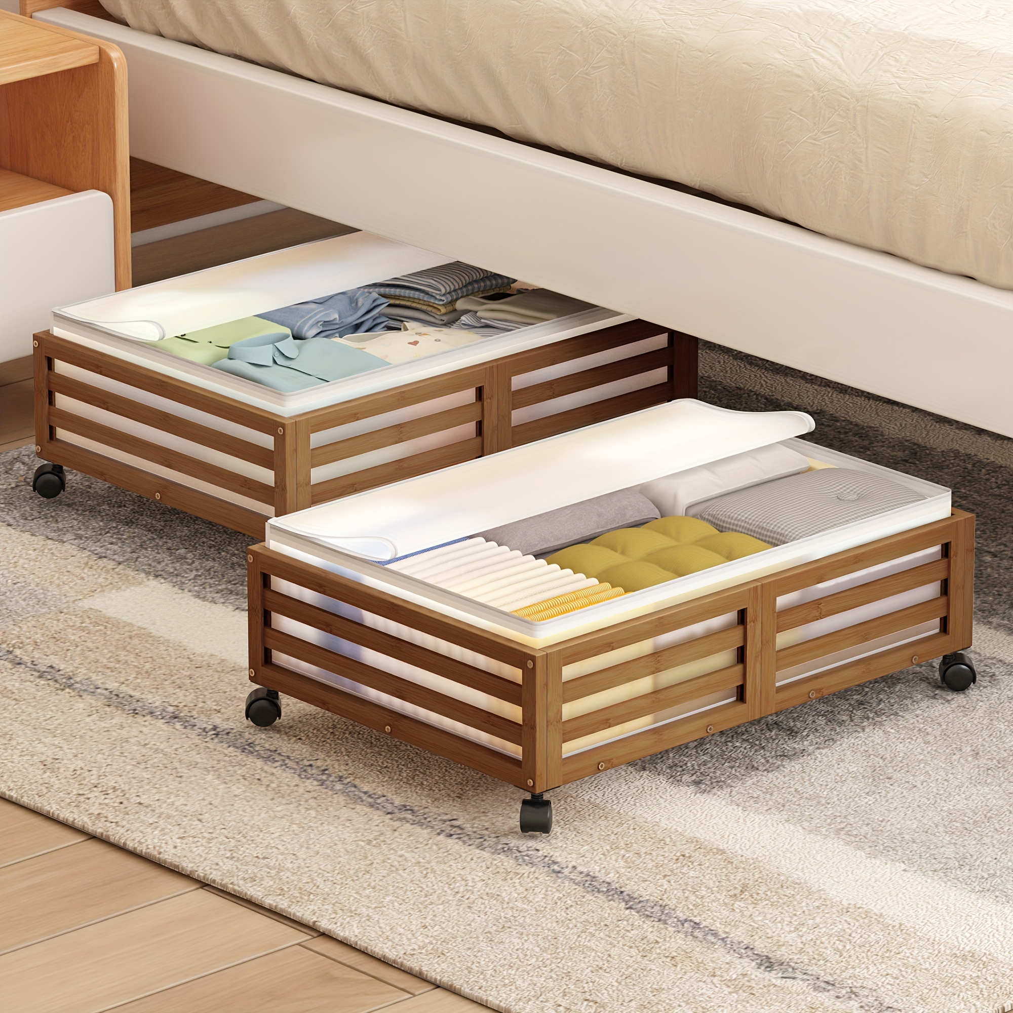 

Under Bed Storage Containers - Bamboo Underbed Storage With Dust Bags | Under Bed Storage With Wheels | Stackable Under Bed Shoe Drawer Storage For Clothes Blankets Bedding Toys (2 Pcs Walnut)