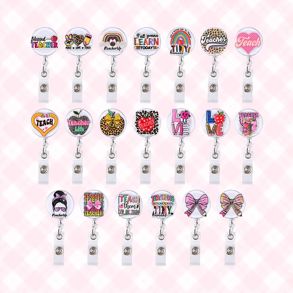 TEMU 2d 20pcs Teacher Themed Retractable Badge Reels With Cute -flash Powder Acrylic Badge Holders For Work Id