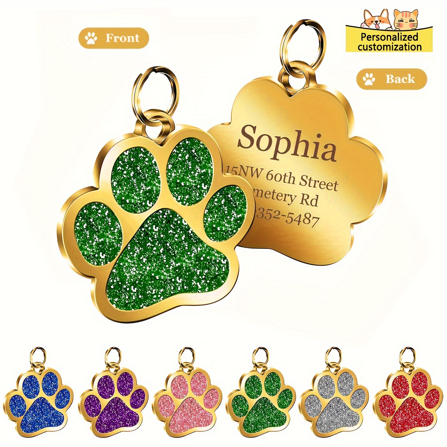 

Personalised Dog Puppy Pet Id Name Pendants, Engraved Zinc Alloy Pet Id Tag, Custom Glitter Paw Design Dog Name Pendant