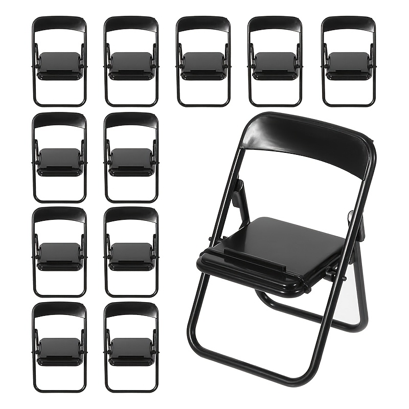 

12-pack Mini Folding Chairs, Black Plastic, Portable Phone Holder & Dollhouse Decor, Compact Storage Design