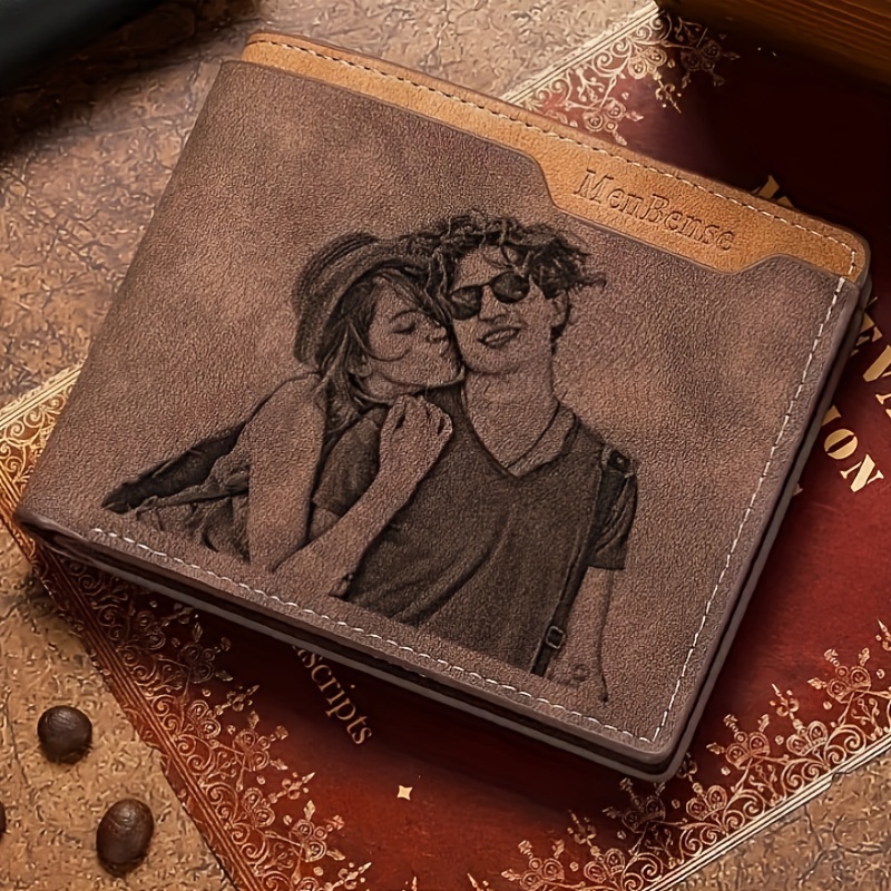 

A Custom Men's Photo Wallet Featuring Personalized Engraved , With Names For Boyfriend, Husband, Or Dad, Gifts On Valentine's Day, Anniversaries, Or Birthdays.