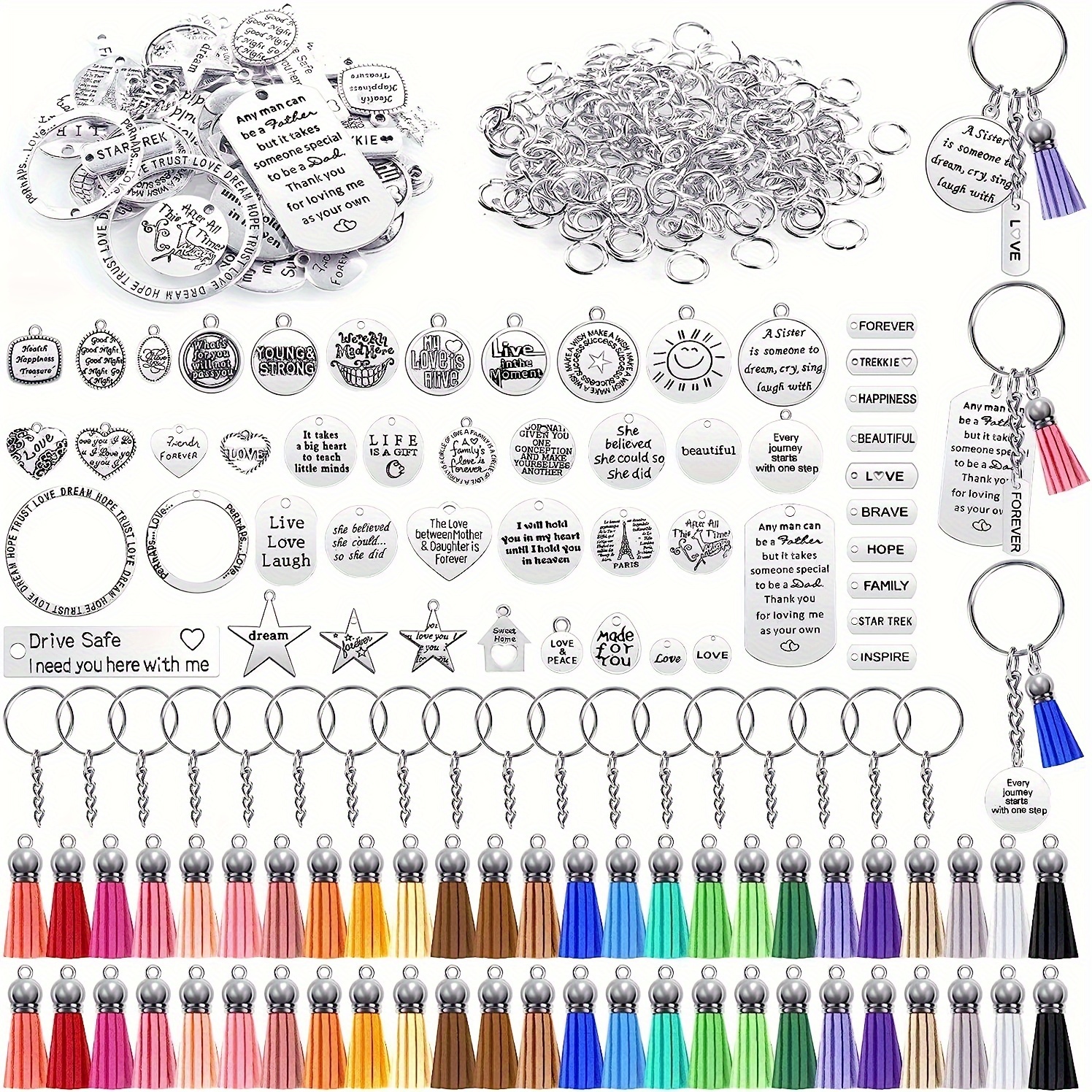 

350pcs Vintage Inspirational Charm Keychain Kit, Iron Hollow Flower Themed Pendants With Silvery Tassels, Diy Exquisite Key Accessories With Jump Rings