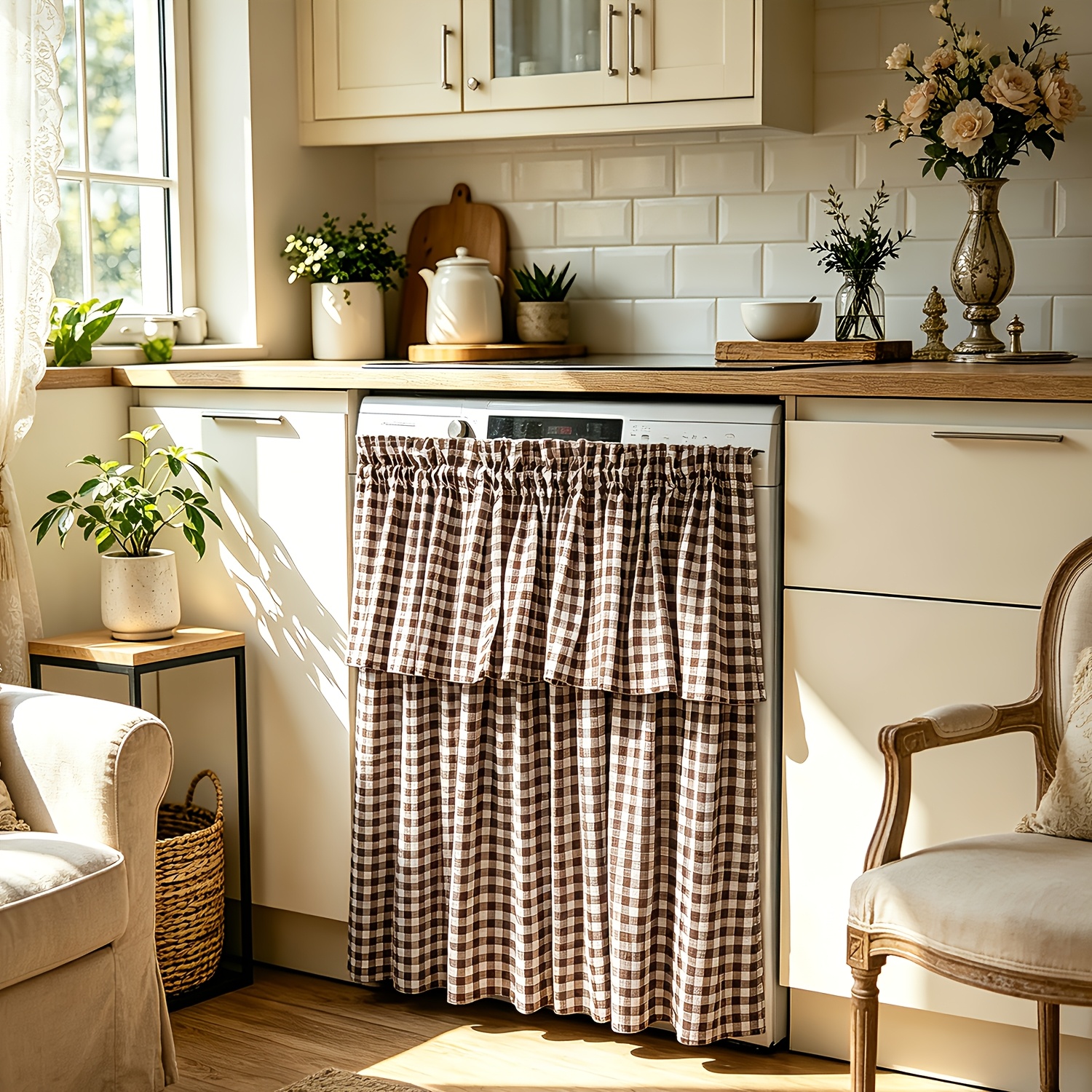 TEMU 1pc Wpkira Farmhouse Coffee & White Checkered Curtain Panel - Filtering Valance Window Suitable, Door Partition, Rod Pocket Top, Low-maintenance