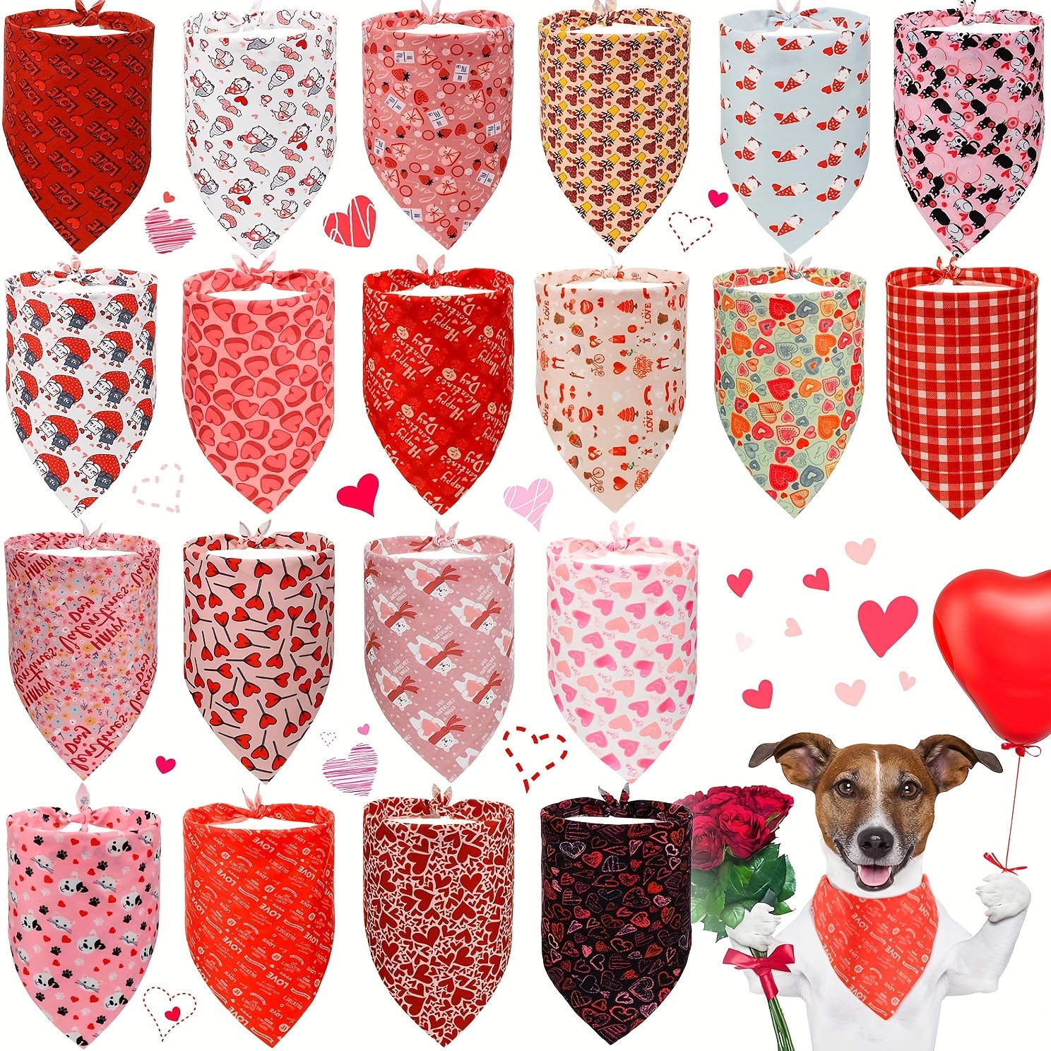 

20pcs Bandanas - Adjustable, Washable Scarves For Pets With Heart Patterns In Red, White & Black, Small To Medium Dogs And Cats