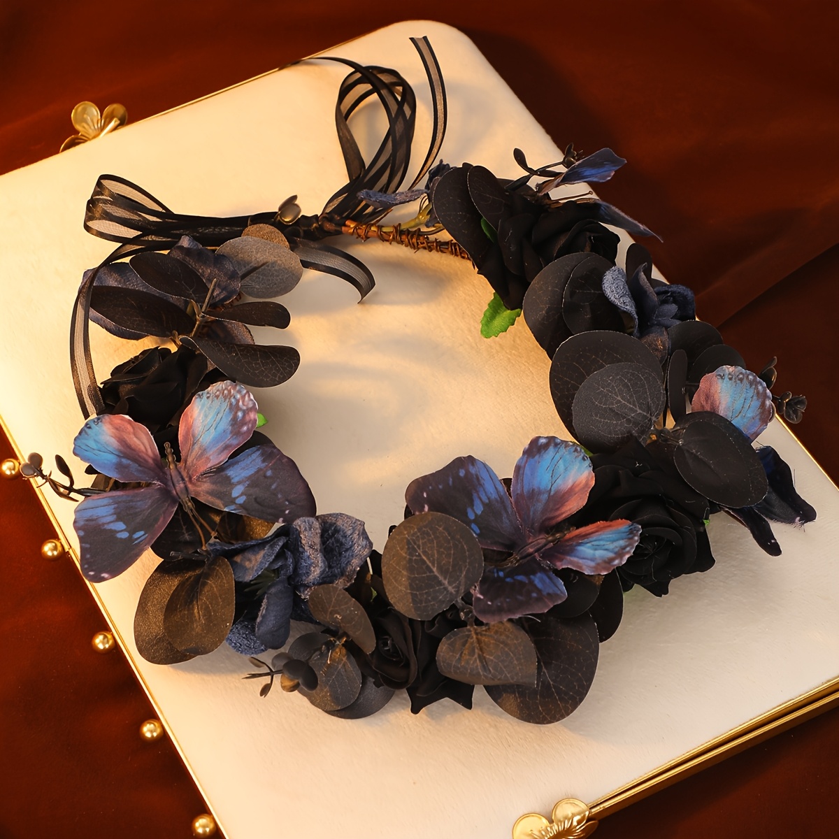 Gothic Black Rose & Butterfly Wreath Headpiece