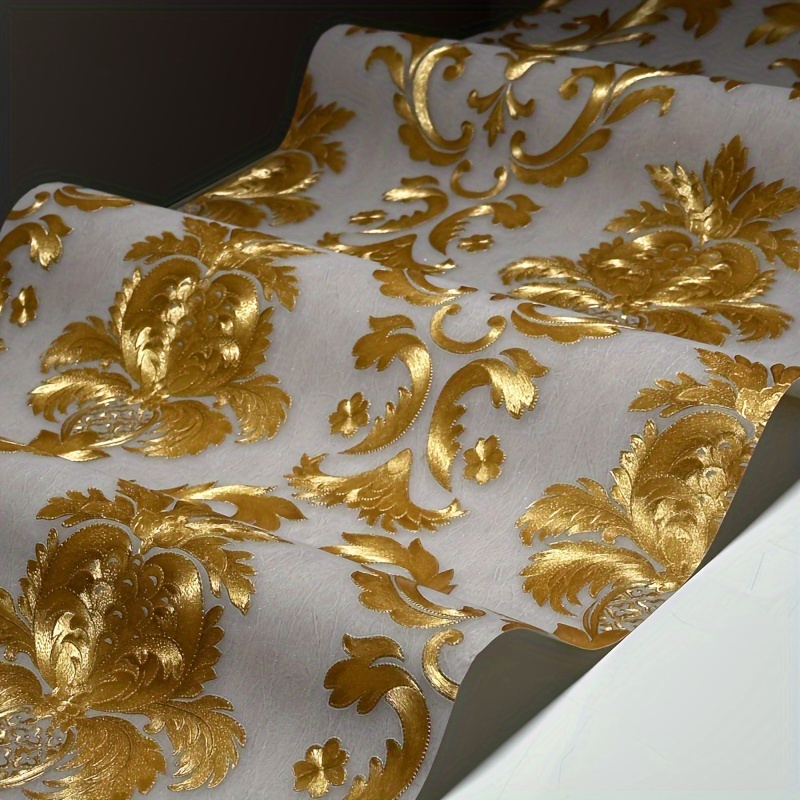 53x300cm Luxury Golden Damask Wallpaper, Non-adhensive, Color Varying By Lighting, Pvc Metallic Embossed Texture Home Decor Wall Paper