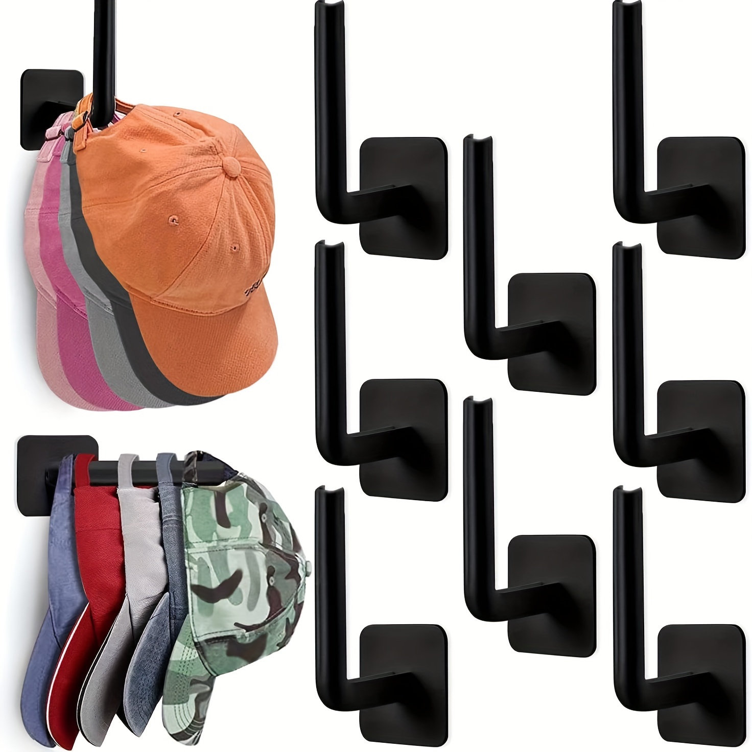 

Hat Rack For Hat Storage (8-pack), Multi-purpose Hat Organizer, Strong Adhesive Hat Hooks For Wall Hat Organizer For Baseball Caps, 2 Mounting Options Hat Hook, Black