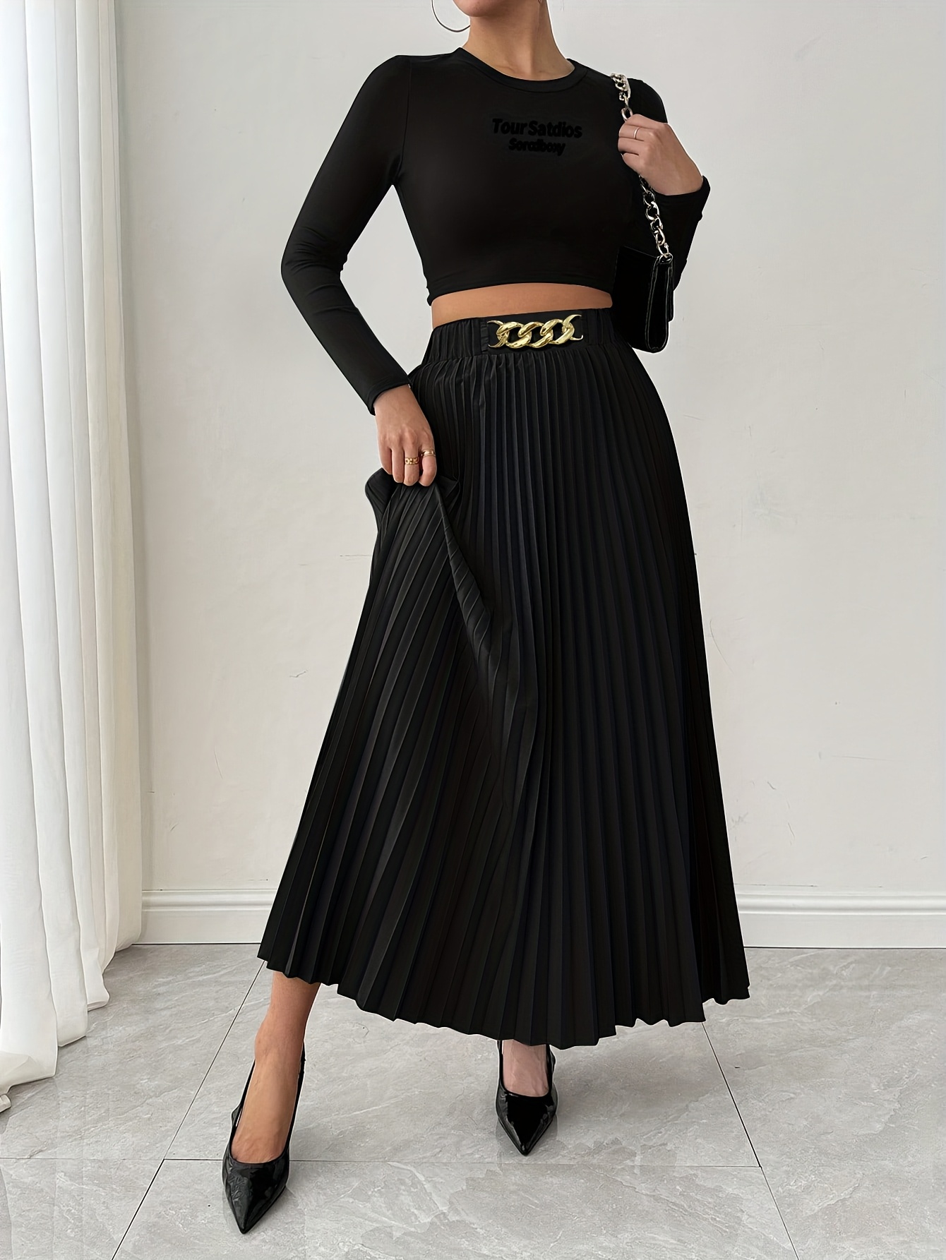 Midi Skirt High Waisted Pleated Skirt 70 Elegant Women' Pleated
