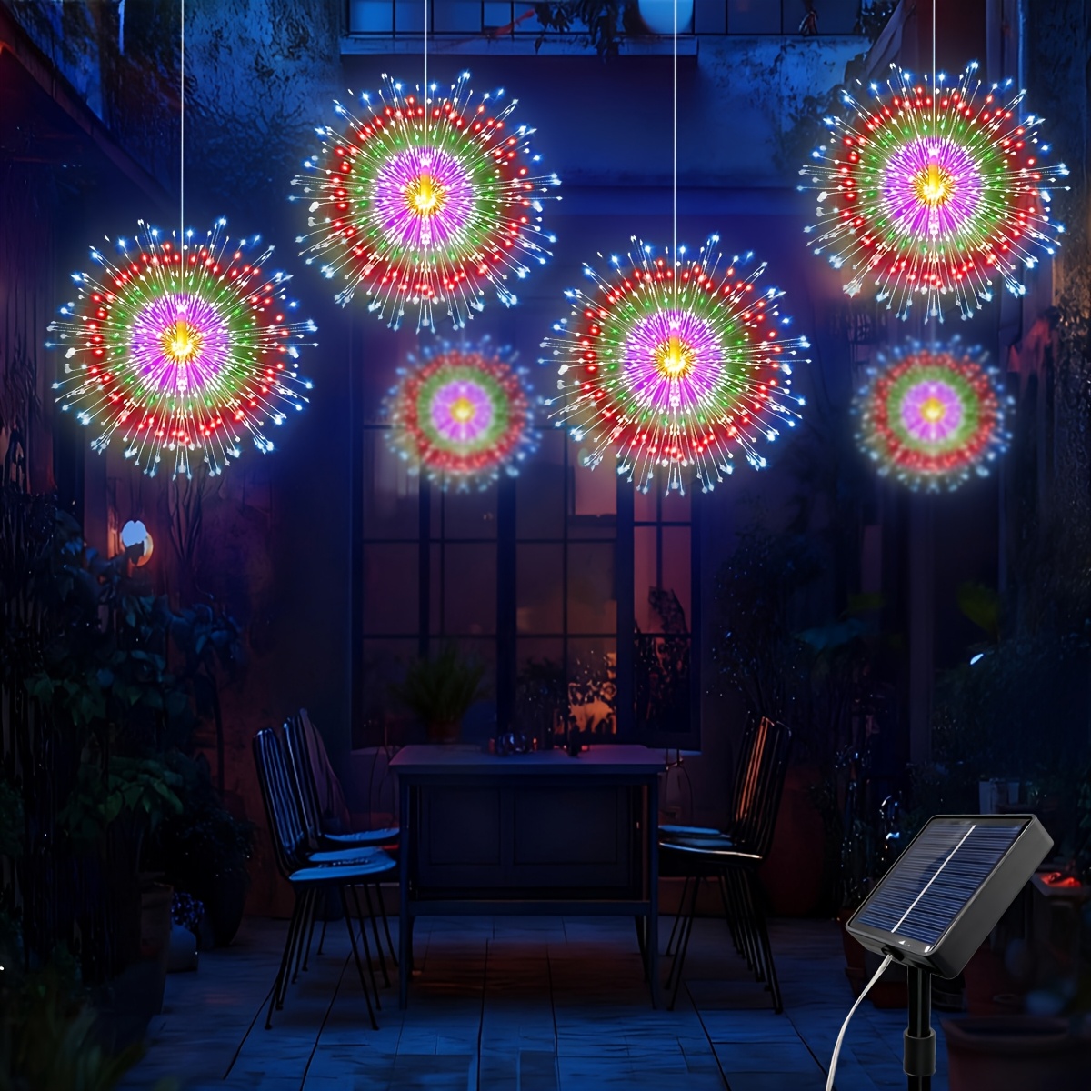 4pcs solar powered indoor and outdoor hanging fireworks lights outdoor led copper wire fairy light string 8 lighting   used for courtyard garden sunshade tent wedding christmas new year party decoration
