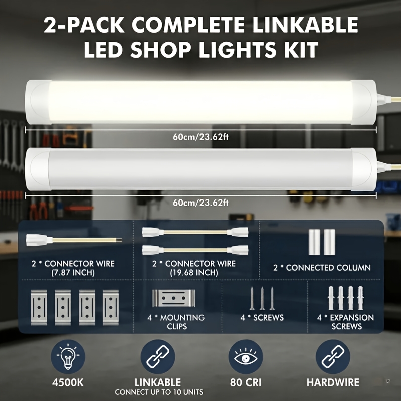 2pcs 20w 2ft Led Tube Light 4500k Neutral White, 3200lm Ceiling Batten Light For Garage Workshop Kitchen, Hardwired Eye Protection Shop Light, 60cm