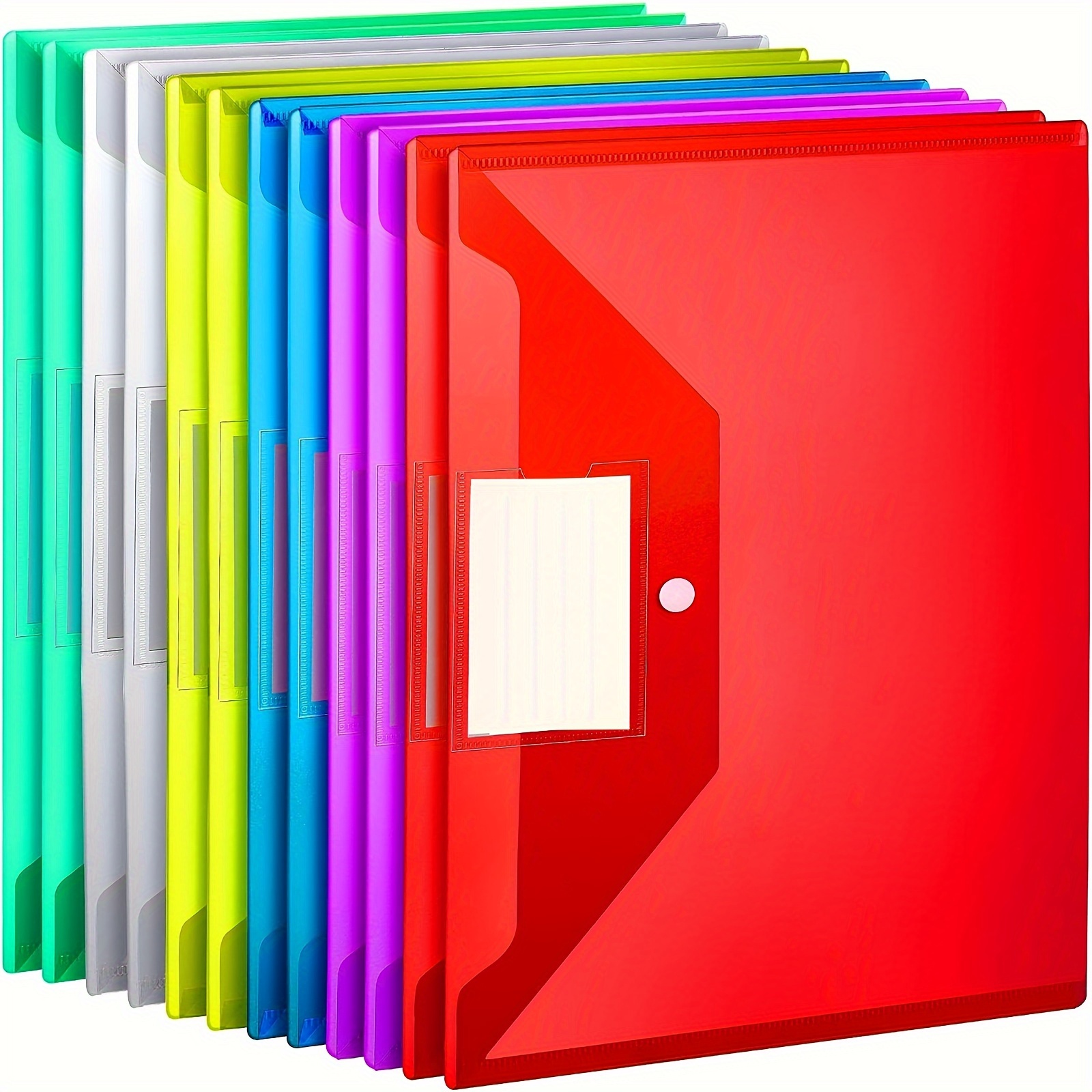E-shop 12er-Set Bunte A4-Kunststoffumschläge mit Druckverschluss und Etikettenkarten - Langlebige Dokumentenordner für Schule, Zuhause, Büro -
