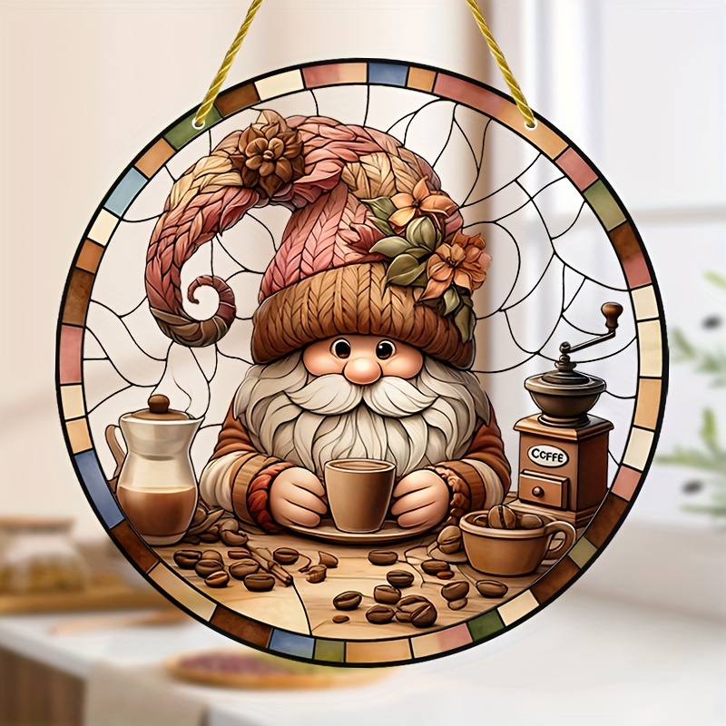 

Charming Gnome Coffee Sun Catcher - 8"x8" Round Acrylic Window Hanging, Perfect For Home & Outdoor Decor, Ideal Gift For Women And Friends
